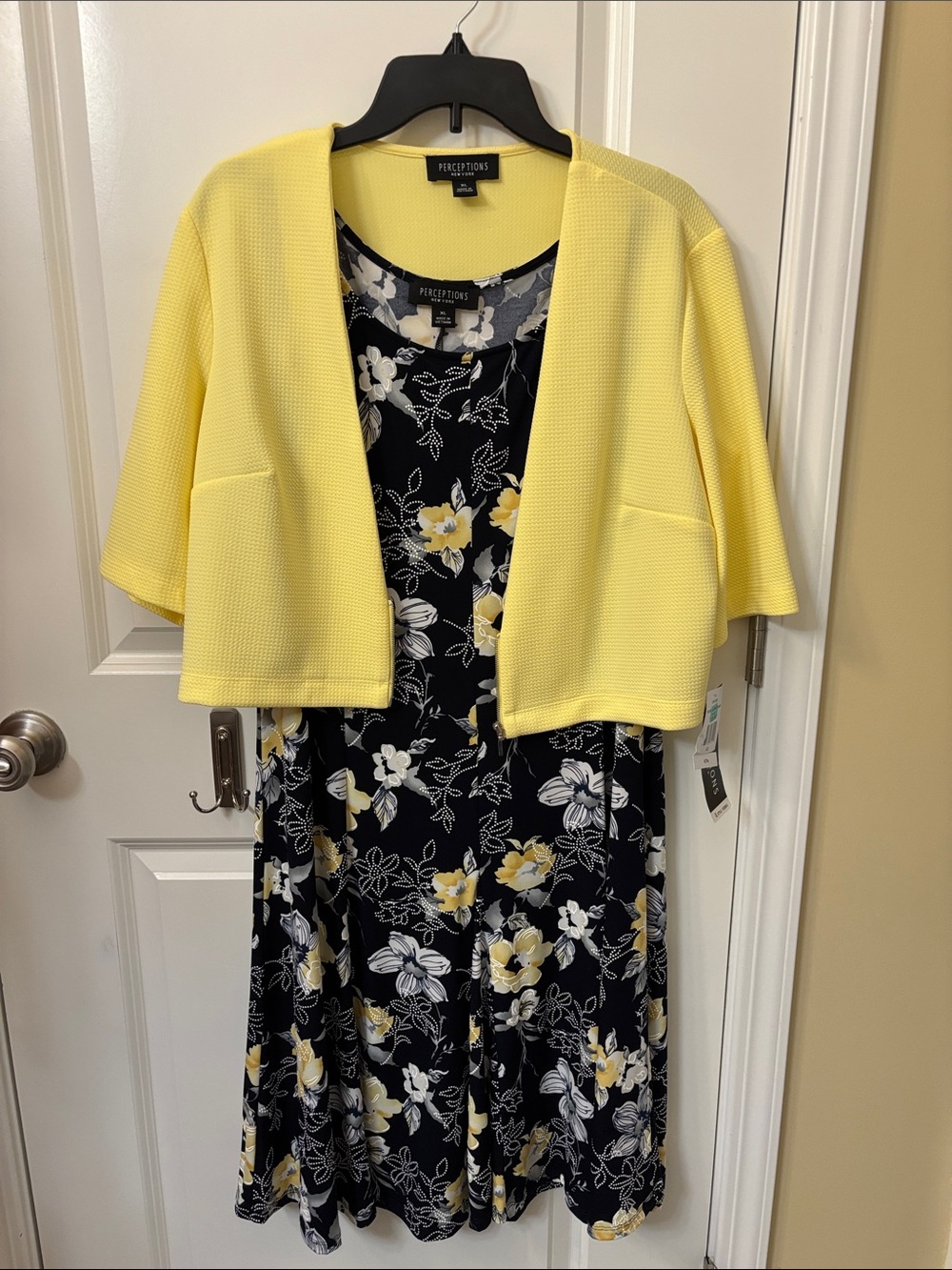 Perceptions Black Floral Midi Dress with Yellow Cropped Jacket